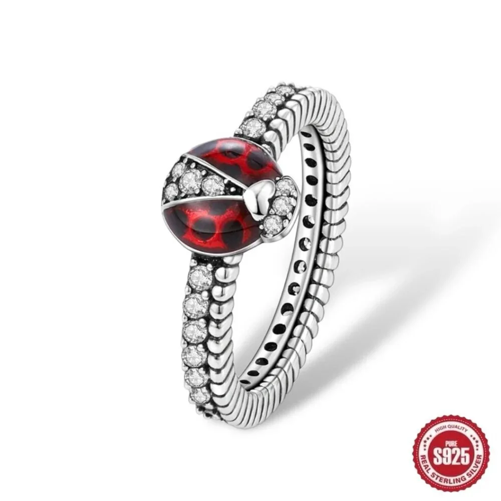 New Ladybug Ring Sz 6 S925 Solid Sterling Silver Red Enamel CZ Whimsical